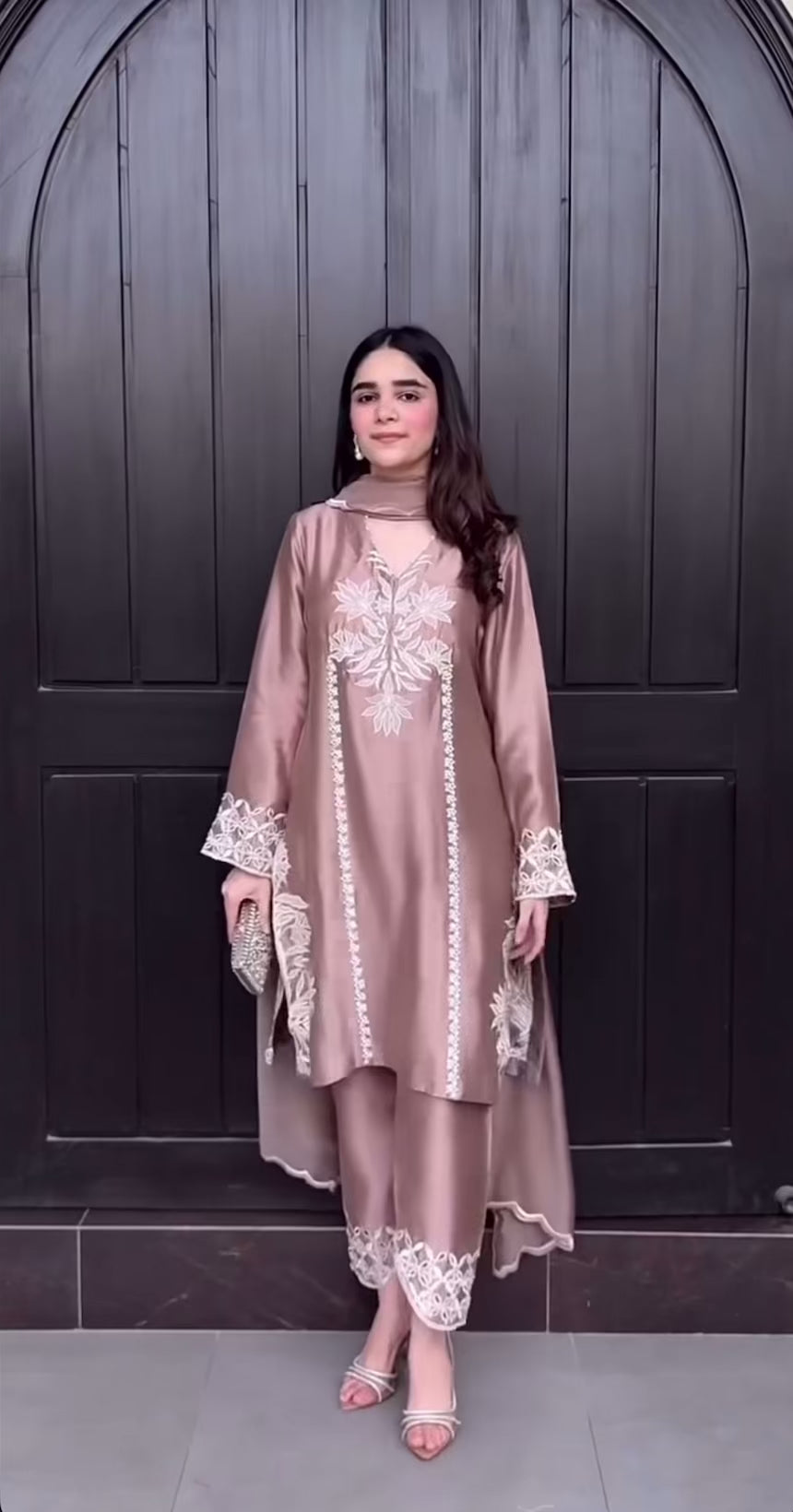 Rose Mocha Elegance – Premium Embroidered Silk Suit with Ivory Threadwork Detailing and Asymmetrical Hemline