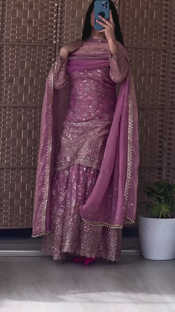 Heavy Embroidered Sharara Suit Set with Intricate Golden Threadwork, Scalloped Hem Kurta, Flared Sharara Pants & Matching Dupatta – Perfect for Wedding, Festive & Party Wear