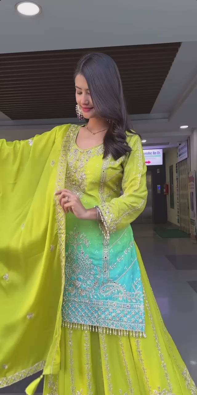 Designer Ombre Sharara Suit Set with Heavy Silver Embroidery, Beaded Hem Kurta, Flared Sharara Pants & Matching Dupatta – Perfect for Wedding, Festive & Party Wear