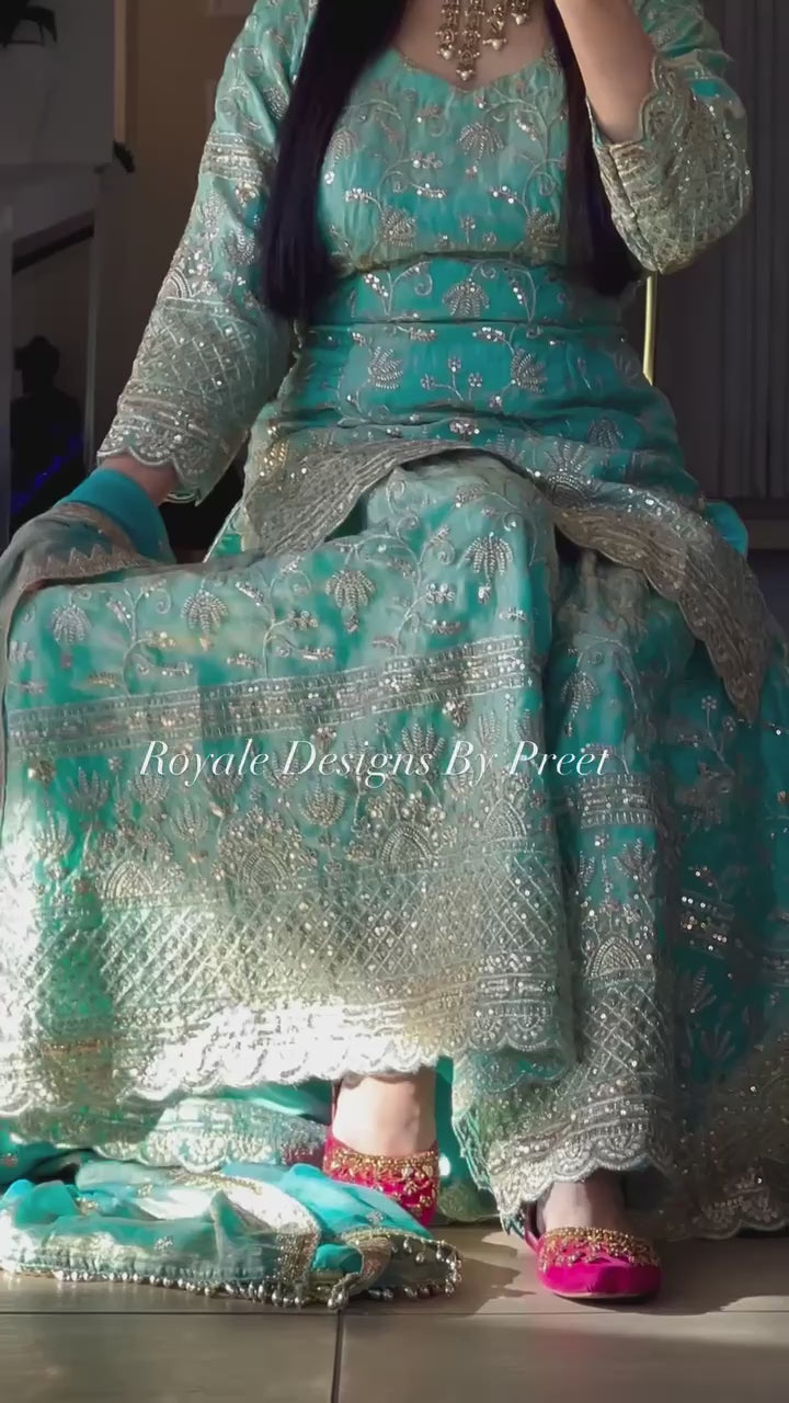 Heavy Embroidered Sharara Suit Set with Intricate Golden Threadwork, Scalloped Hem Kurta, Flared Sharara Pants & Matching Dupatta – Perfect for Wedding, Festive & Party Wear