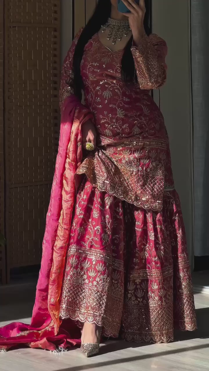 Heavy Embroidered Sharara Suit Set with Intricate Golden Threadwork, Scalloped Hem Kurta, Flared Sharara Pants & Matching Dupatta – Perfect for Wedding, Festive & Party Wear