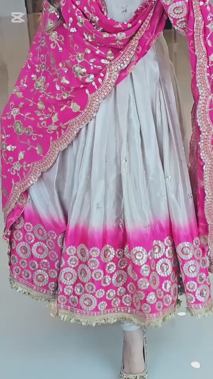 Royal Grey & Pink Heavy Embroidered Anarkali Set with Gota Patti Border Dupatta – Perfect Bridal & Festive Wear for Weddings and Engagements