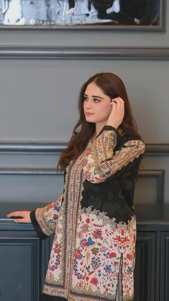 "Elegant  Printed Lawn Kurti for Women with Intricate Floral Patterns, Straight Long Shirt Design, and Comfortable Fabric – Perfect for Casual, Office, and Everyday Wear