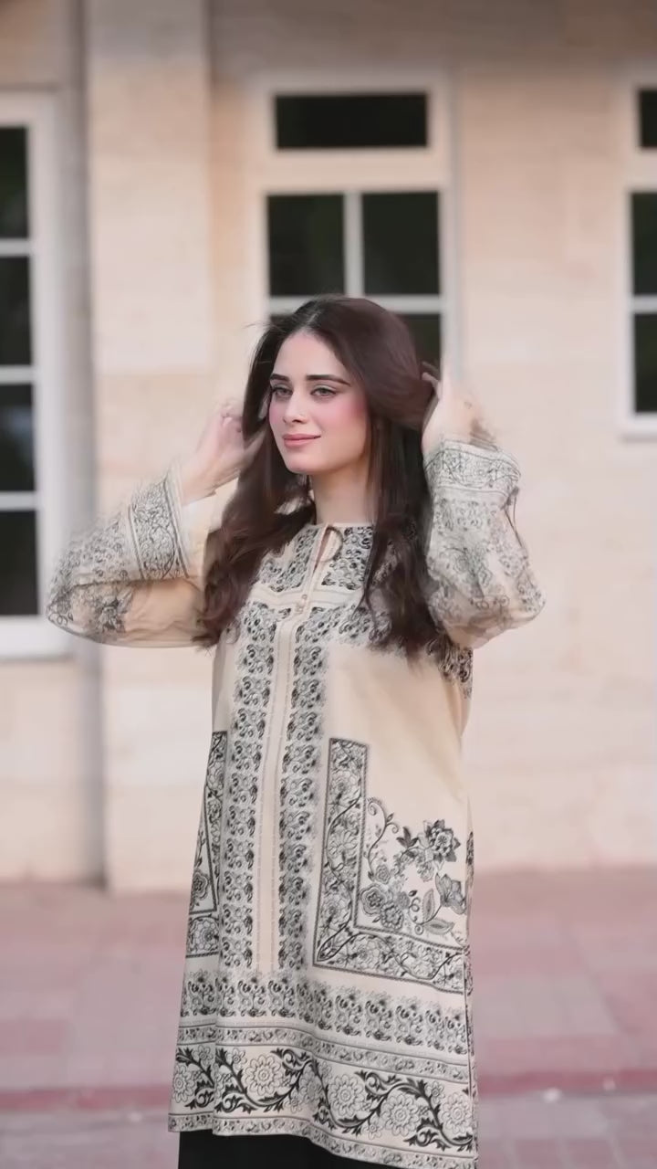 "Elegant  Printed Lawn Kurti for Women with Intricate Floral Patterns, Straight Long Shirt Design, and Comfortable Fabric – Perfect for Casual, Office, and Everyday Wear