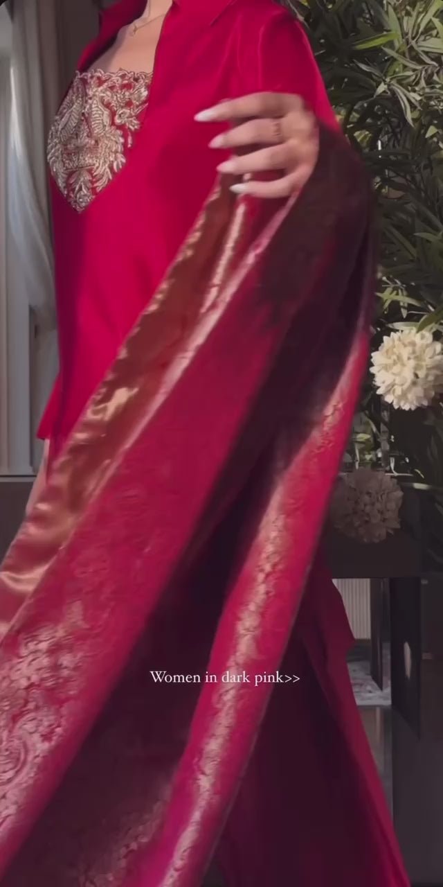 Crimson Royale – Handcrafted Pure Silk Ensemble with Antique Gold Zari Embroidery and Brocade Dupatta