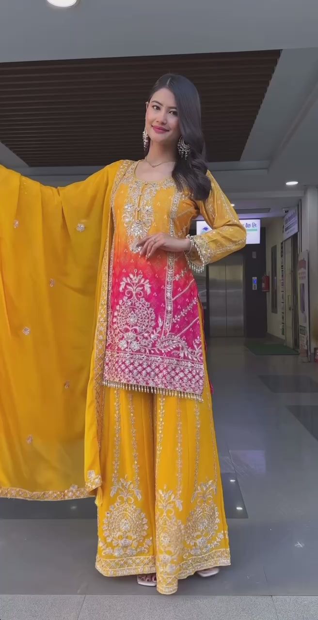 Designer Ombre Sharara Suit Set with Heavy Silver Embroidery, Beaded Hem Kurta, Flared Sharara Pants & Matching Dupatta – Perfect for Wedding, Festive & Party Wear