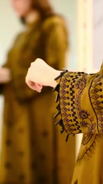 Premium Mustard Yellow Embroidered 3-Piece Unstitched Lawn Suit for Women with Intricate Thread Work, Matching Dupatta, and Traditional Design – Ideal for Formal, Festive, and Casual Wear