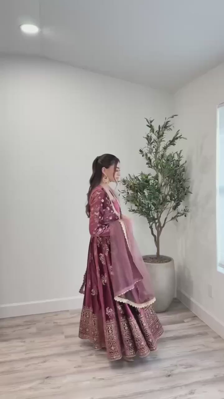 Designer Maroon Velvet Embroidered Anarkali Suit with Zari Work, Stone Detailing, and Contrast Dupatta – Traditional Indian Ethnic Party Wear Gown for Weddings & Festive Occasions