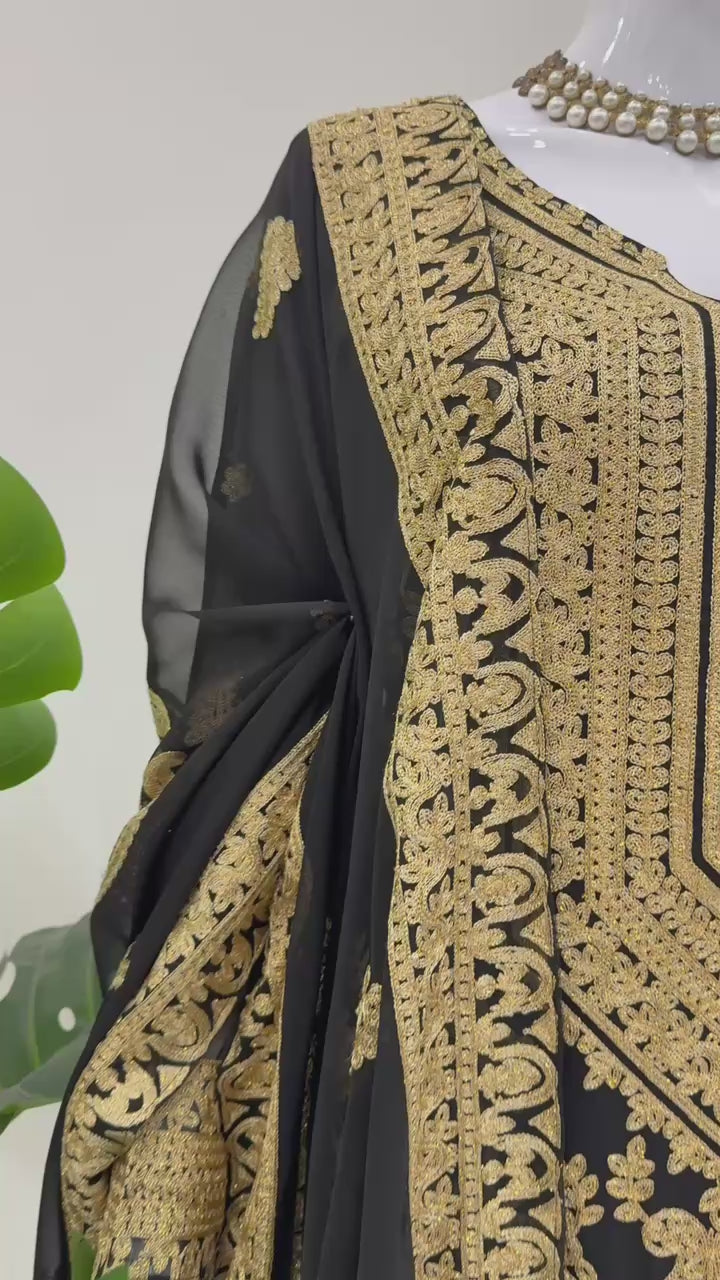 Premium Black and Gold Pakistani Style Embroidered Chiffon Suit for Women – Heavy Zari and Resham Work on Straight Kurta, Palazzo Pants, and Dupatta – Traditional Formal Ethnic Wear for Weddings, Parties, and Festive Occasions