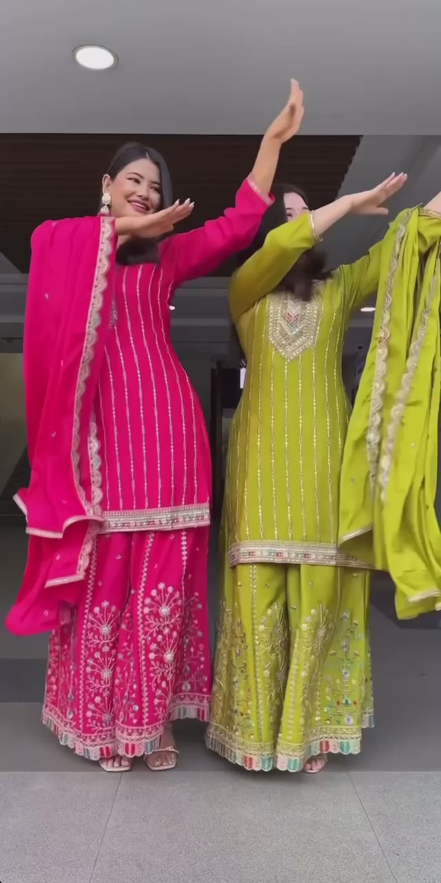 Designer Heavy Embroidered Sharara Suit Set in Rani Pink & Olive Green with Mirror Work Detailing and Matching Dupatta – Wedding & Festive Collection