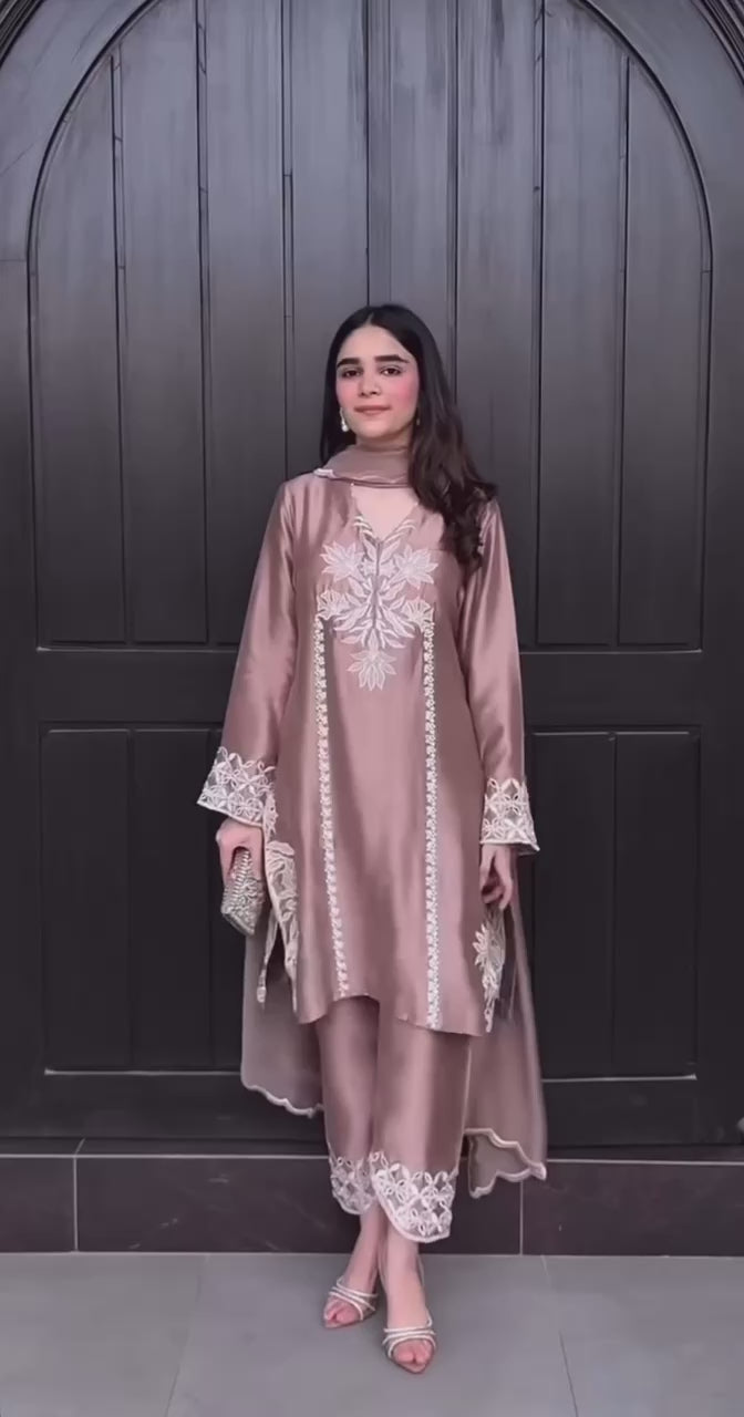 Rose Mocha Elegance – Premium Embroidered Silk Suit with Ivory Threadwork Detailing and Asymmetrical Hemline