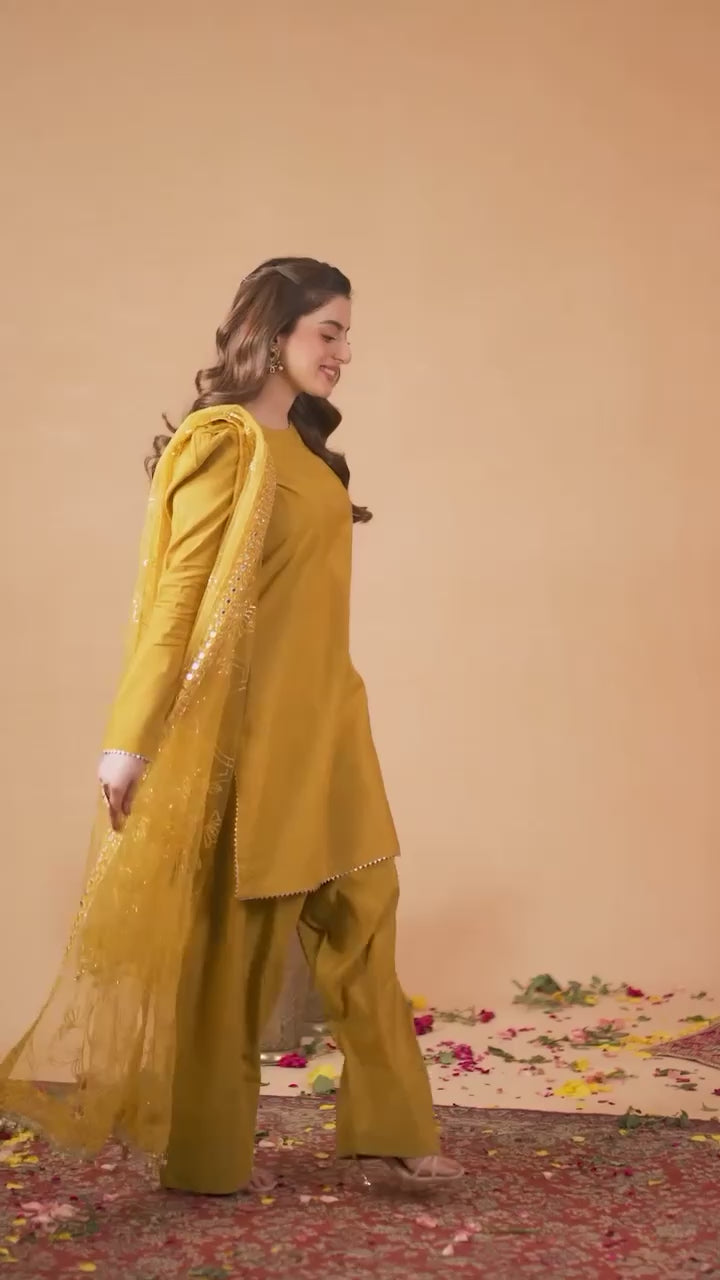 Elegant Mustard Yellow Embroidered Straight Kurta Set with Matching Palazzo and Net Dupatta – Perfect Ethnic Wear for Haldi, Festive & Day Events