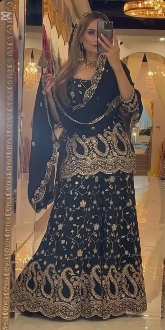Elegant Black Heavy Embroidered Sharara Suit with Golden Zari & Sequin Work and Matching Dupatta – Premium Wedding & Party Wear Collection