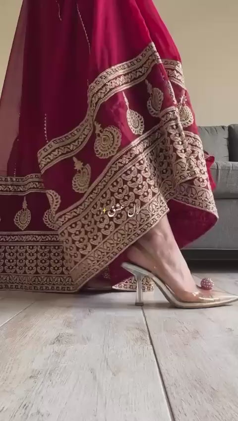 Luxurious Maroon Velvet Anarkali Gown with Heavy Zari and Sequin Embroidery, Full Sleeves, and Dupatta – Regal Floor-Length Bridal/Bridesmaid Ensemble for Wedding & Festive Occasions – Traditional Indian Ethnic Wear for Women