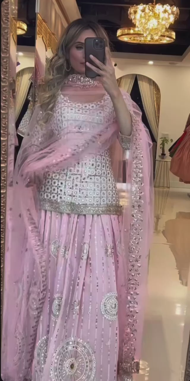 Luxury Baby Pink Mirror Work Georgette Lehenga Choli Set with Heavy Sequin Embroidery & Net Dupatta – Ideal for Bridal Showers, Engagements, and Festive Celebrations