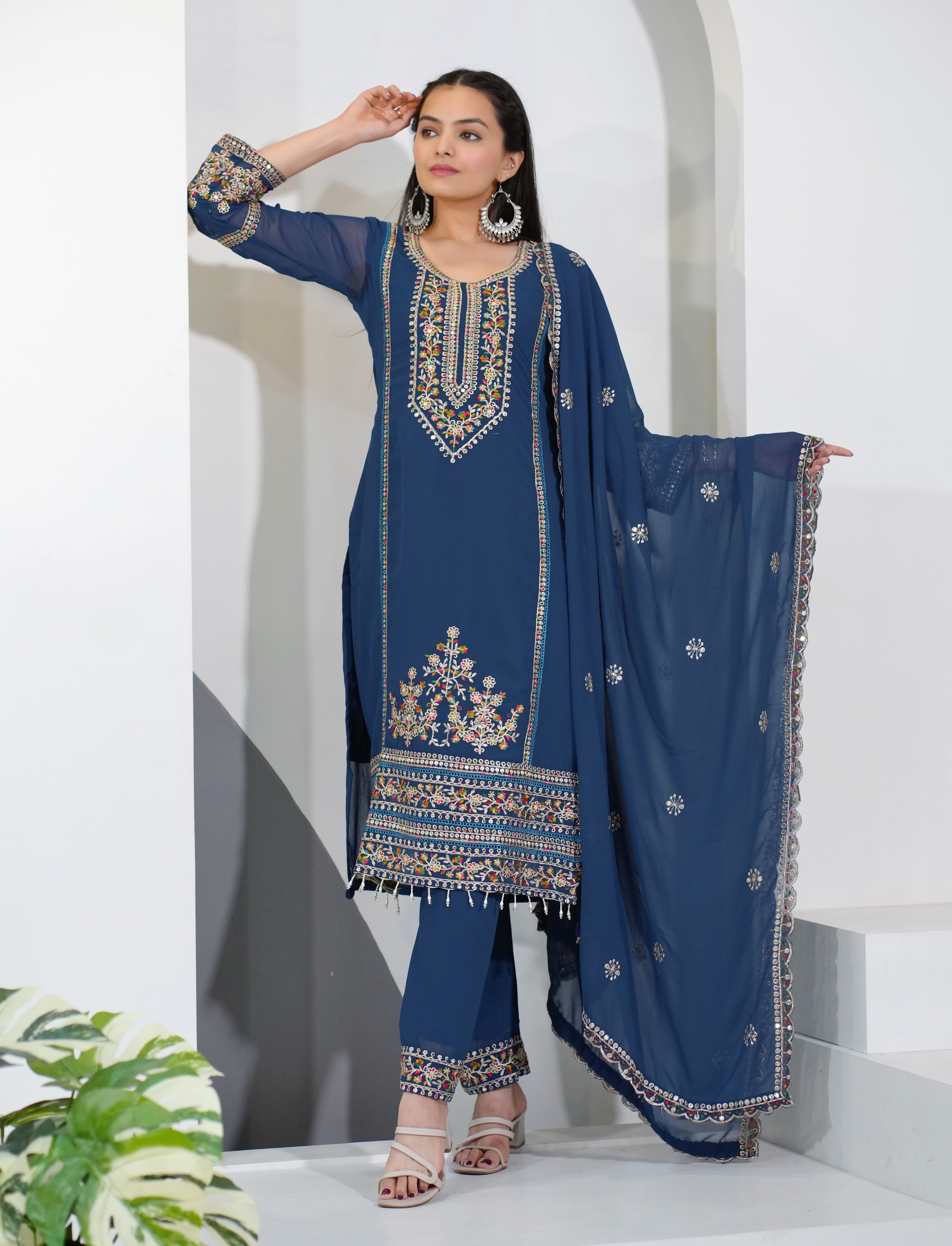 Women’s Designer Embroidered Straight Kurta with Matching Pants and Dupatta – Perfect for Wedding, Party & Festive Wear