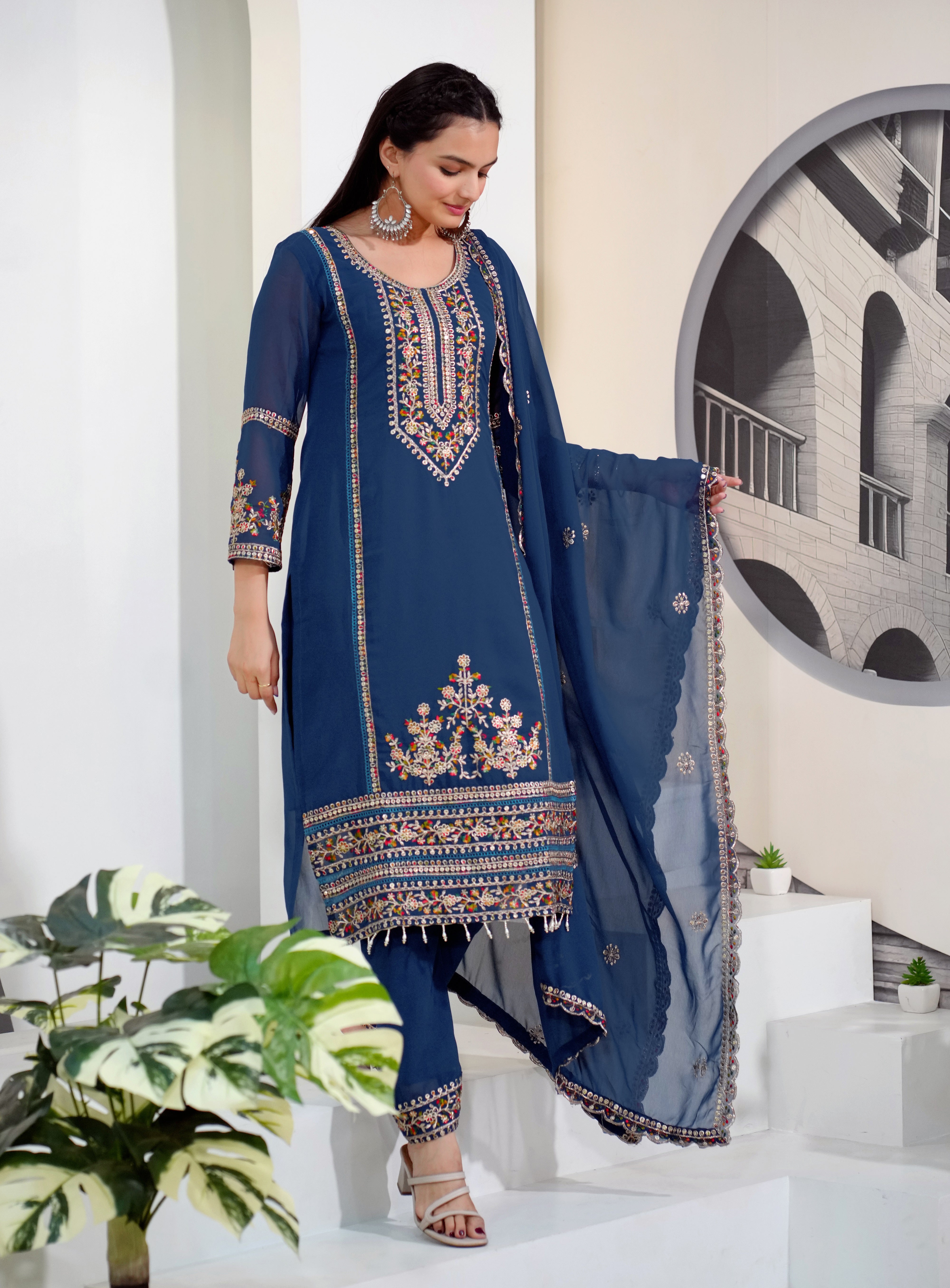 Women’s Designer Embroidered Straight Kurta with Matching Pants and Dupatta – Perfect for Wedding, Party & Festive Wear